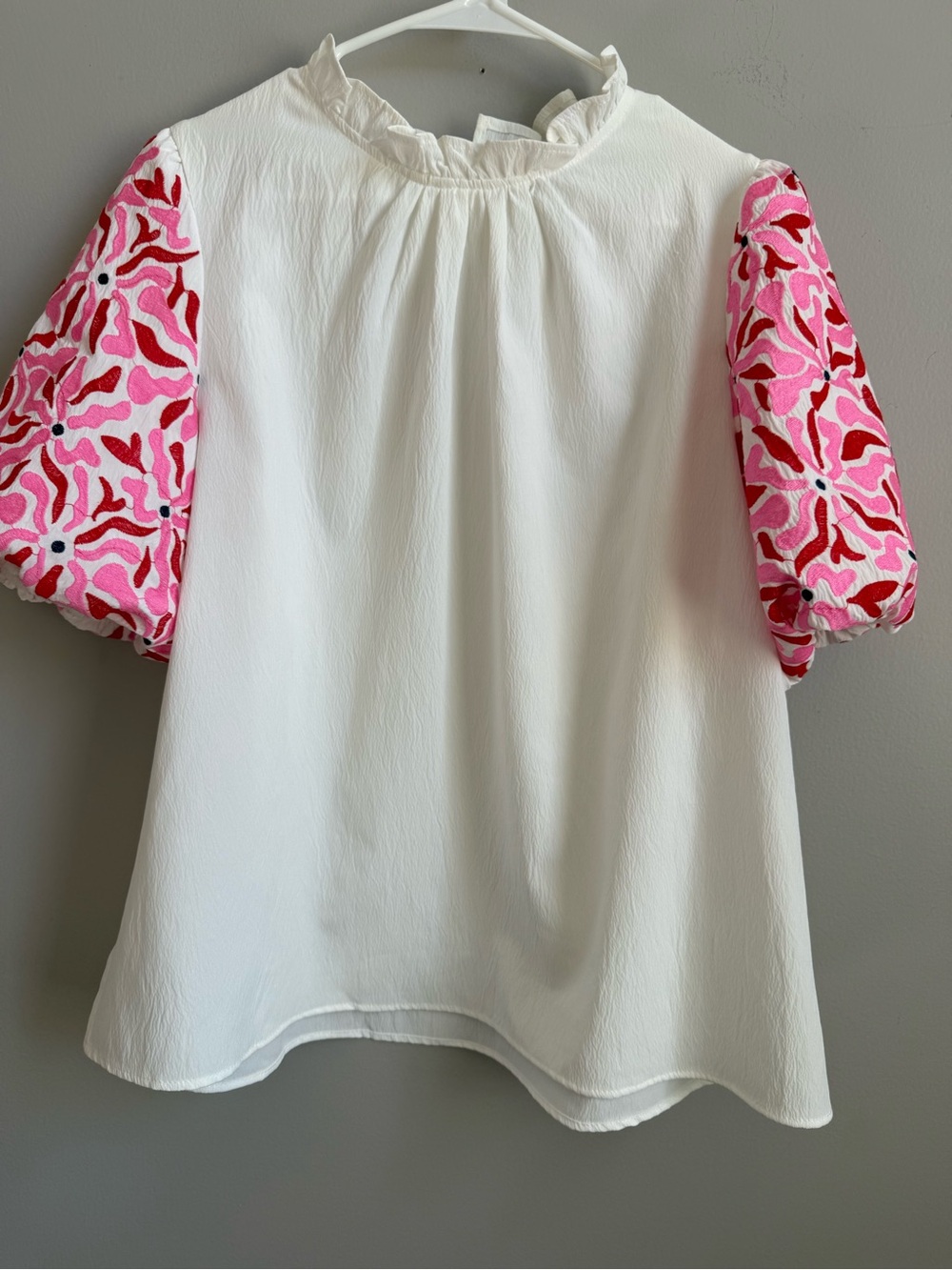 entro Cream Blouse with Pink and Red Patterned Puff Sleeves